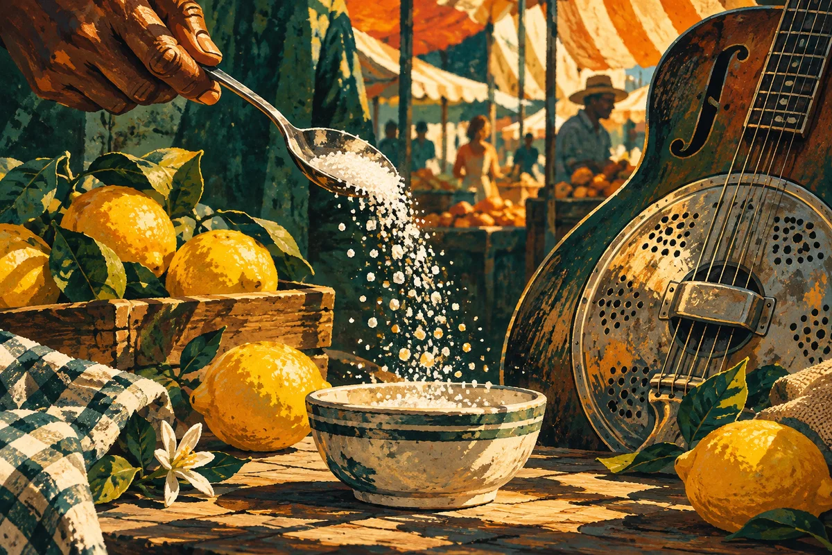 Illustration eines Löffels mit rieselndem Zucker zwischen Zitronen und einer Resonatorgitarre am Marktstand