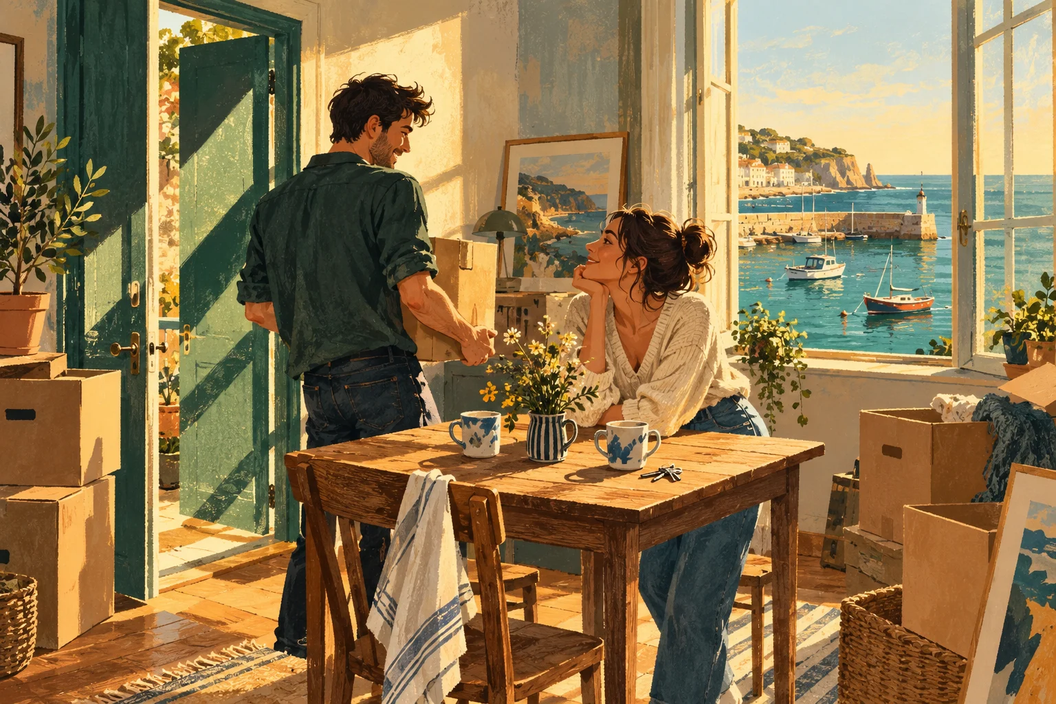 Illustration zweier Erwachsener beim Einzug in eine sonnige Wohnung am Meer, mit Umzugskartons, Tassen und einem Schlüssel auf dem Tisch