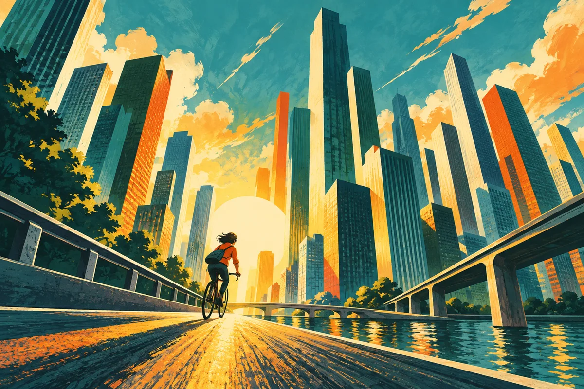 Illustration einer Radfahrerin zwischen hohen türkisfarbenen Wolkenkratzern im Morgenlicht