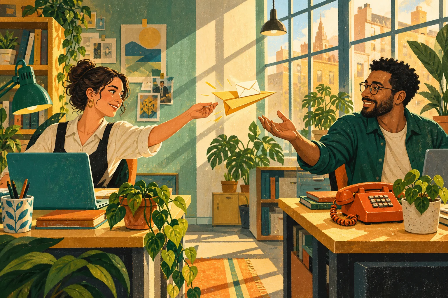 Illustration von zwei Kollegen, die sich in einem sonnigen Büro einen Papierflieger mit einem Brief zuwerfen