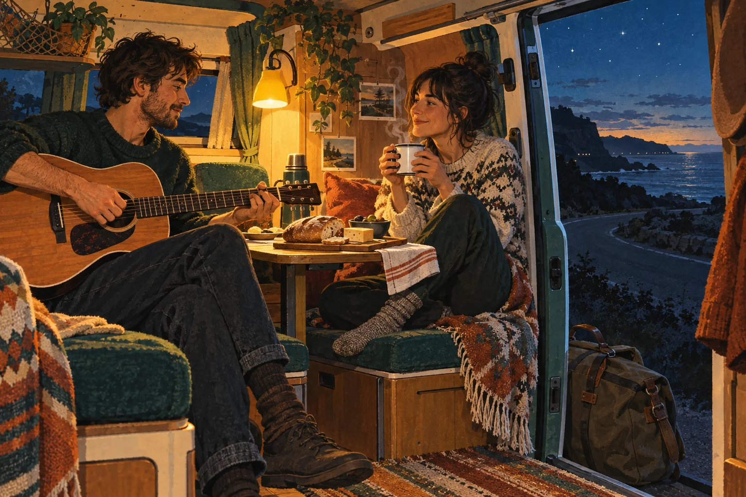 Illustration von zwei Erwachsenen mit Gitarre, Tee und Brot in einem warm beleuchteten Camper am Meer bei Abenddämmerung