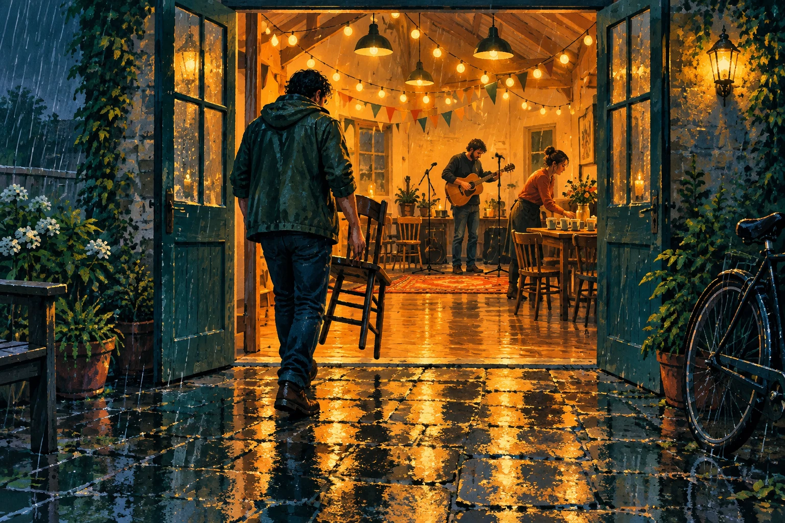 Illustrierter Blick durch die offenen Türen eines warm beleuchteten Gemeindesaals, in dem Erwachsene einen Musikabend vorbereiten, während draußen Regen fällt