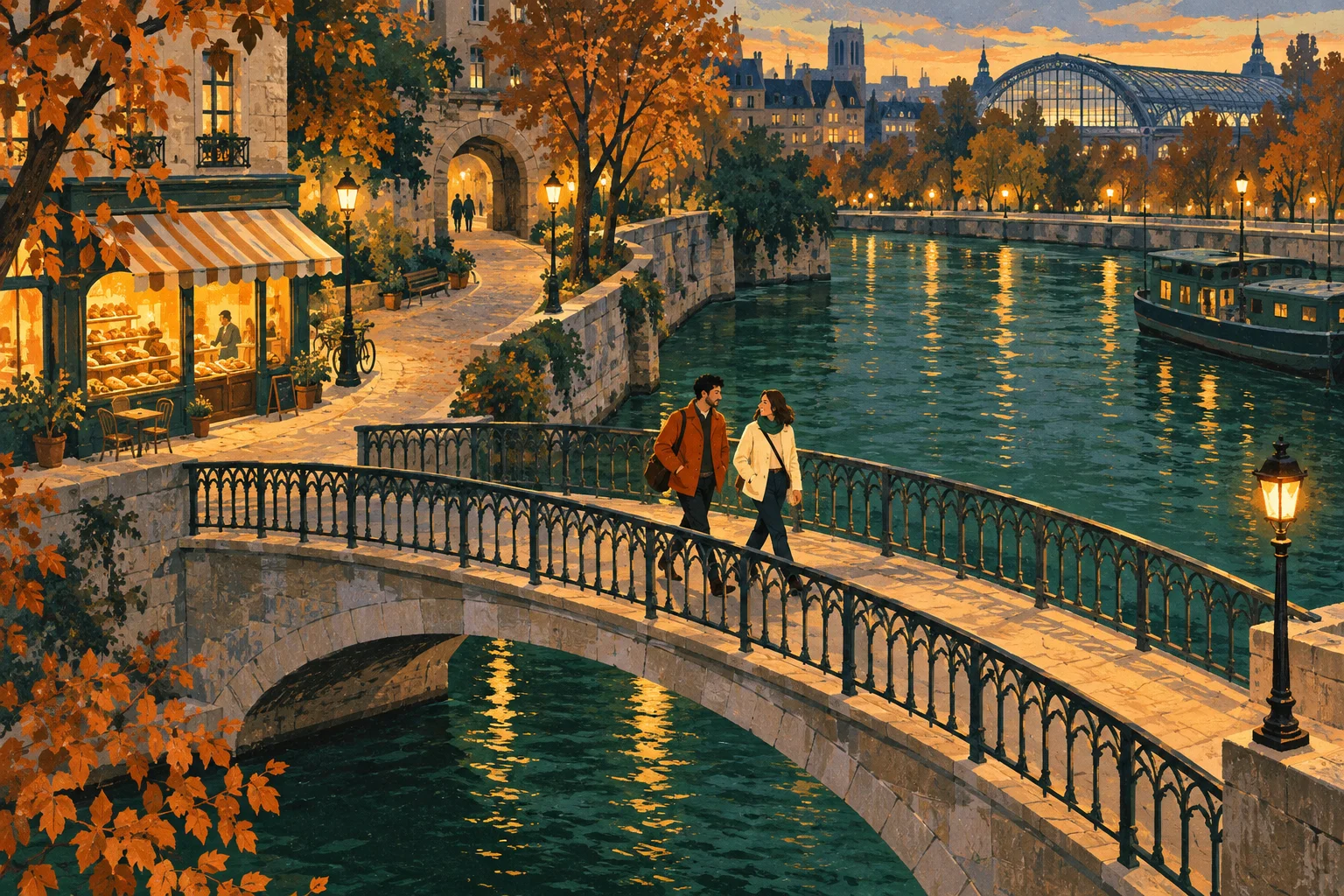 Illustrierte Abendlandschaft mit zwei Erwachsenen auf einer Flussbrücke, einer beleuchteten Bäckerei und einem Weg durch einen Torbogen