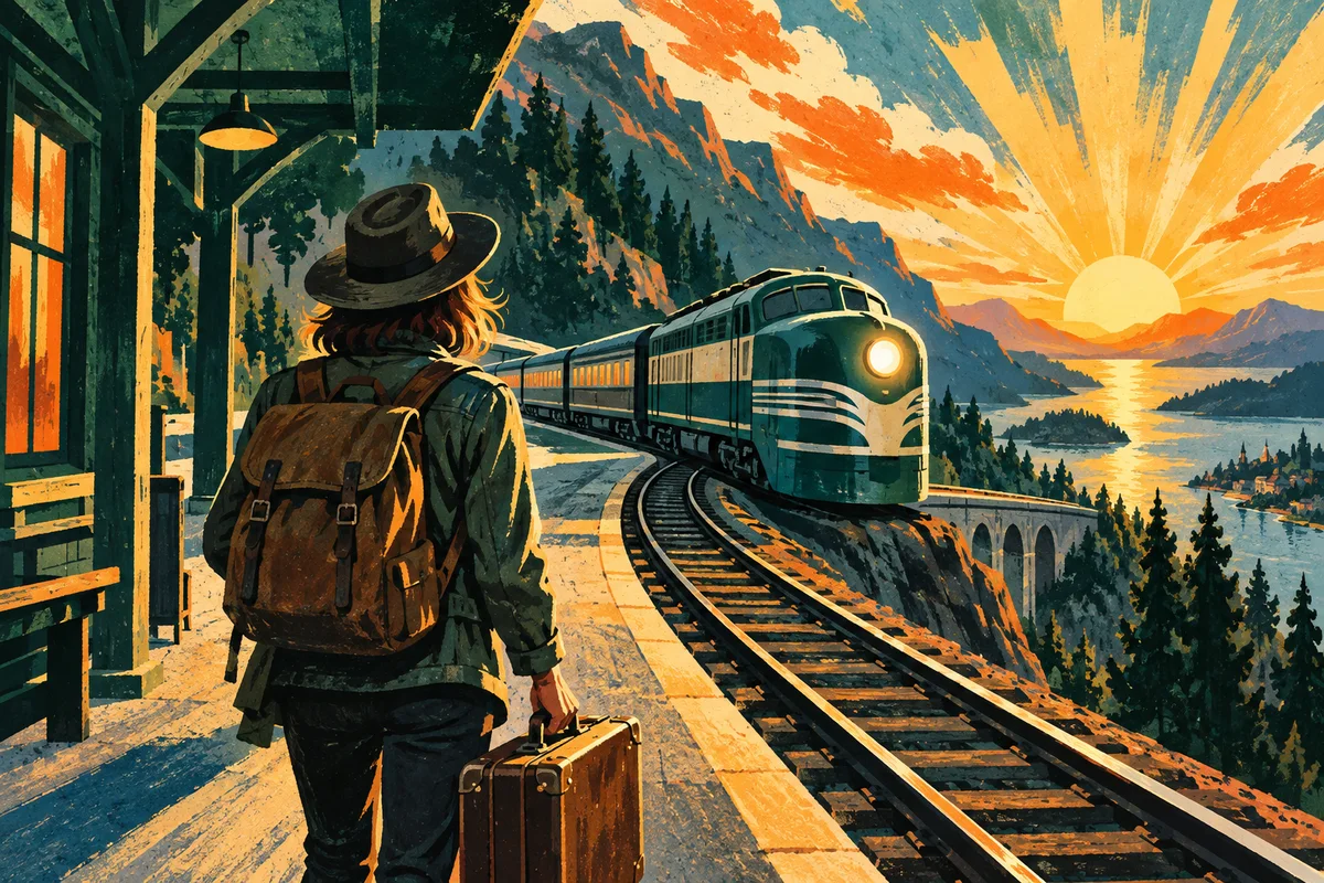 Illustration eines Reisenden mit Koffer vor einem Zug in einer goldenen Berglandschaft