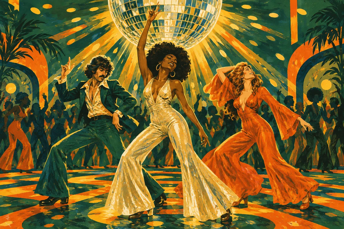 Illustration von drei Tänzern in Siebzigerjahre-Outfits unter einer großen goldglänzenden Diskokugel