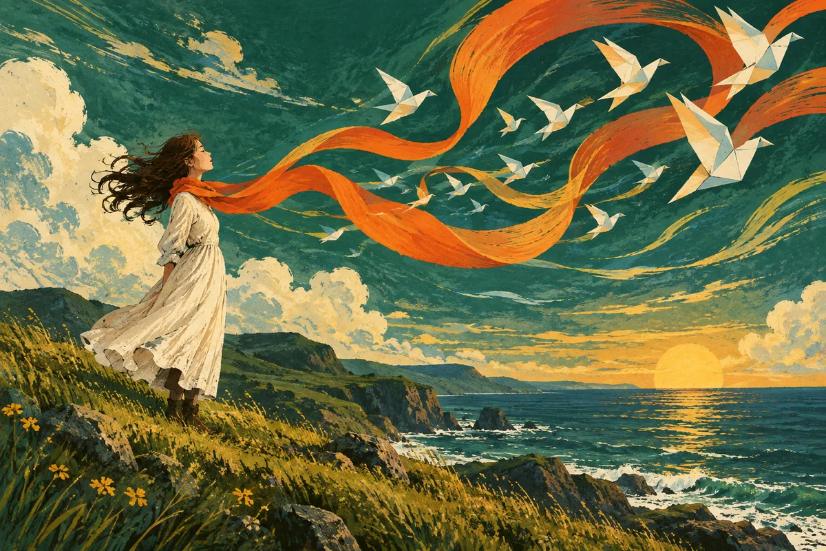 Illustration einer Frau auf einer Küstenwiese, deren orangefarbener Schal mit Papiervögeln im Wind fliegt