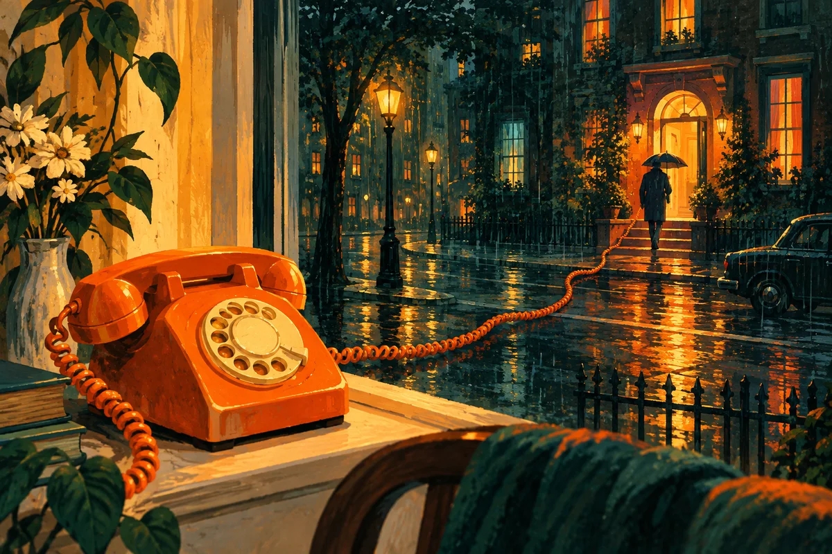 Illustration eines orangefarbenen Telefons, dessen Kabel zu einer beleuchteten Tür im Regen führt