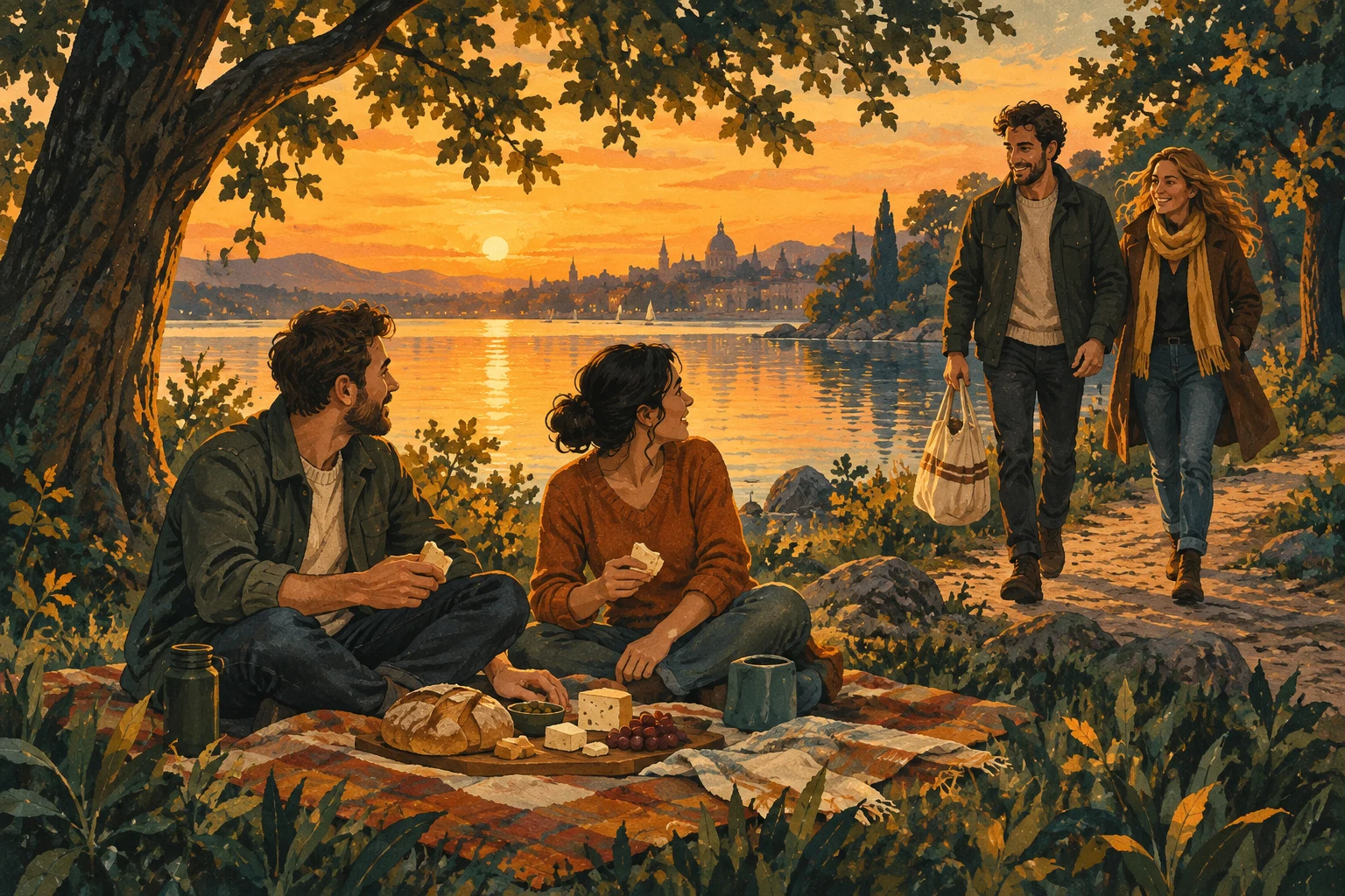 Illustration von vier erwachsenen Freunden bei einem Abendpicknick mit Brot und Käse unter Bäumen am See