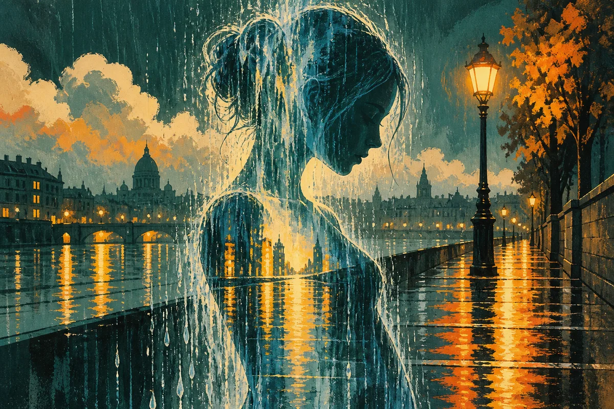 Illustration einer aus Regen geformten Frauensilhouette über goldenen Lichtern am Fluss