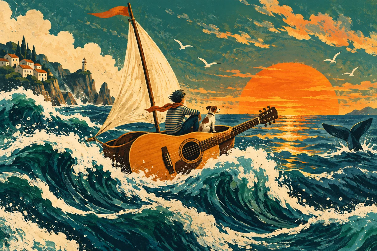 Illustration eines Segelboots in Gitarrenform auf türkisfarbenen Wellen vor der Abendsonne