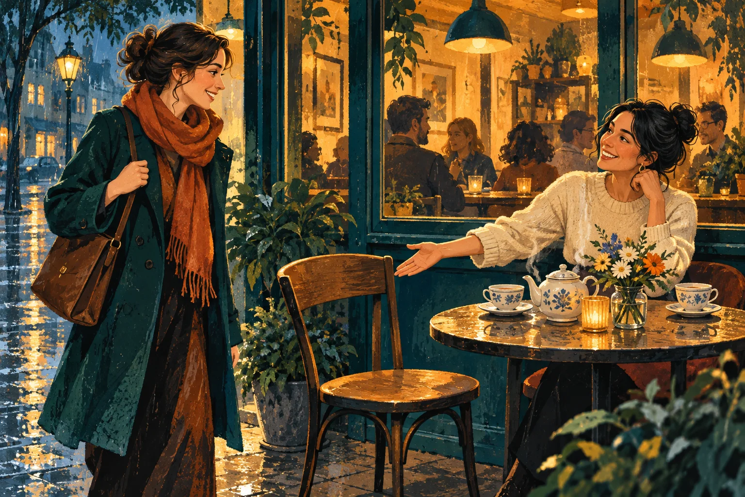 Illustration von zwei Freundinnen am Café: Eine bietet der anderen einen freien Stuhl an einem Tisch mit Tee und Blumen an