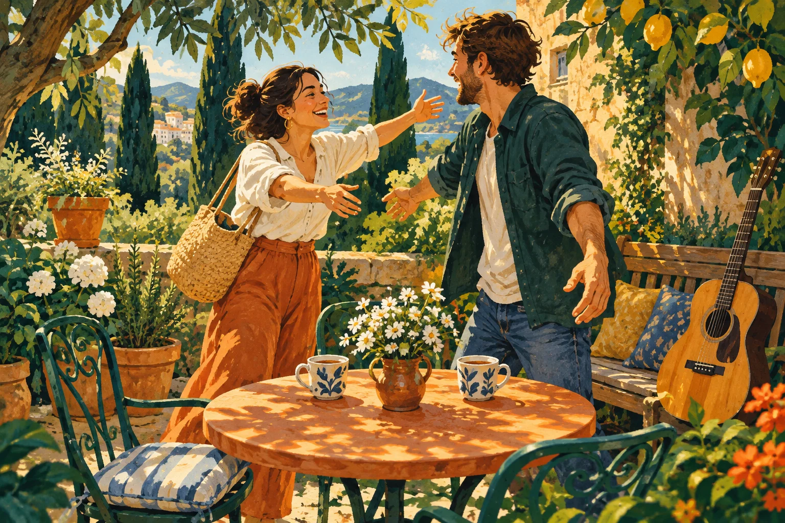 Illustration von zwei Freunden, die sich an einem sonnigen Gartentisch mit Teetassen begrüßen; daneben steht eine Gitarre