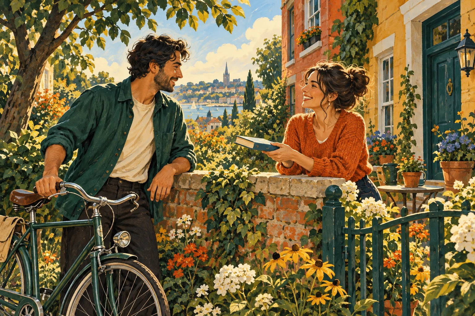 Illustration von zwei Nachbarn, die sich über eine blühende Gartenmauer hinweg unterhalten; einer hält ein Fahrrad, die andere ein Buch