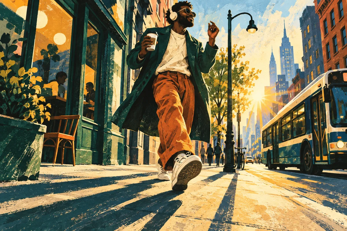 Illustration eines Mannes mit Kopfhörern und Kaffee, der beschwingt durch die Morgensonne geht