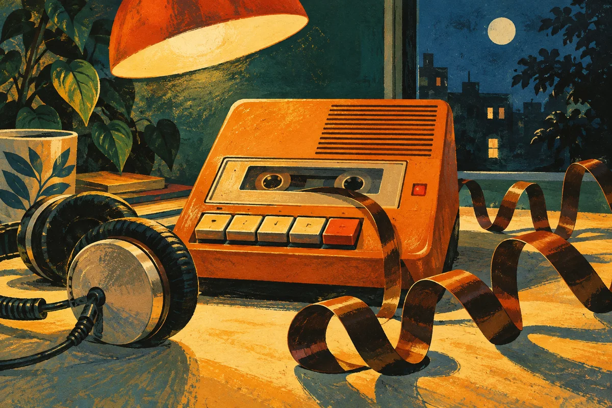 Illustration eines orangefarbenen Anrufbeantworters mit geschwungenem Tonband und Kopfhörern