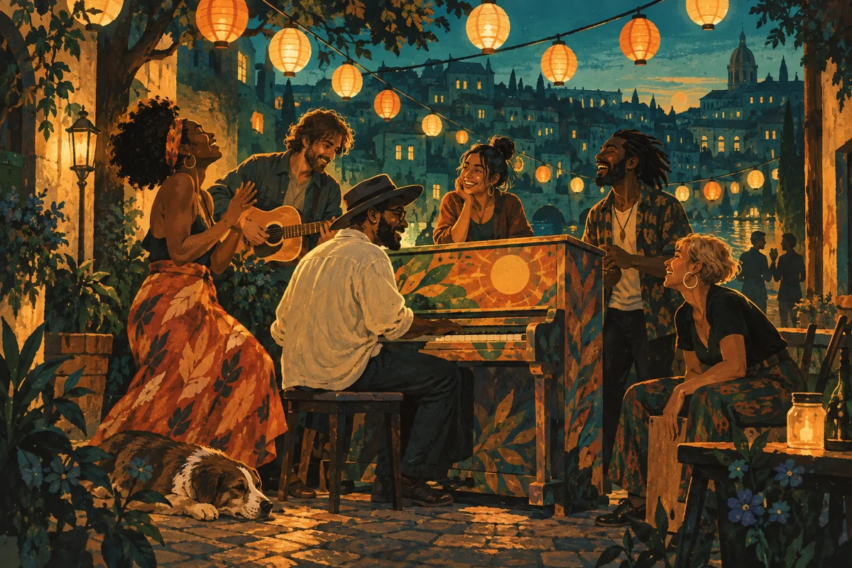 Illustration von Freunden, die unter goldenen Laternen gemeinsam an einem Straßenklavier musizieren