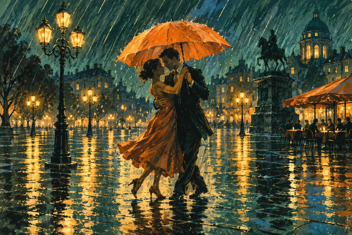 Illustration eines tanzenden Paares unter einem orangefarbenen Regenschirm auf einem nächtlichen Platz