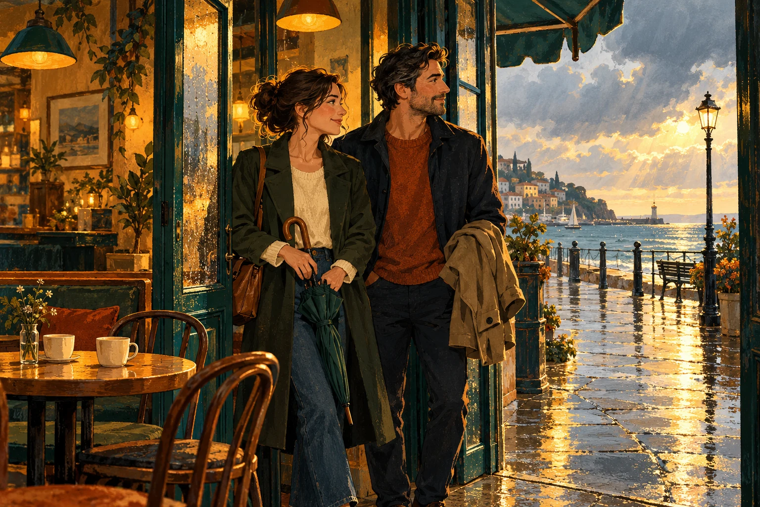 Illustration zweier erwachsener Freunde mit geschlossenem Regenschirm in einer Cafétür, vor einer regennassen Küstenpromenade mit aufklarendem Himmel
