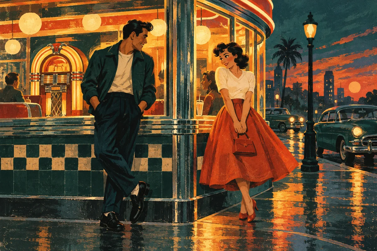 Illustration eines Paares vor einem leuchtenden Fünfzigerjahre-Diner mit Jukebox