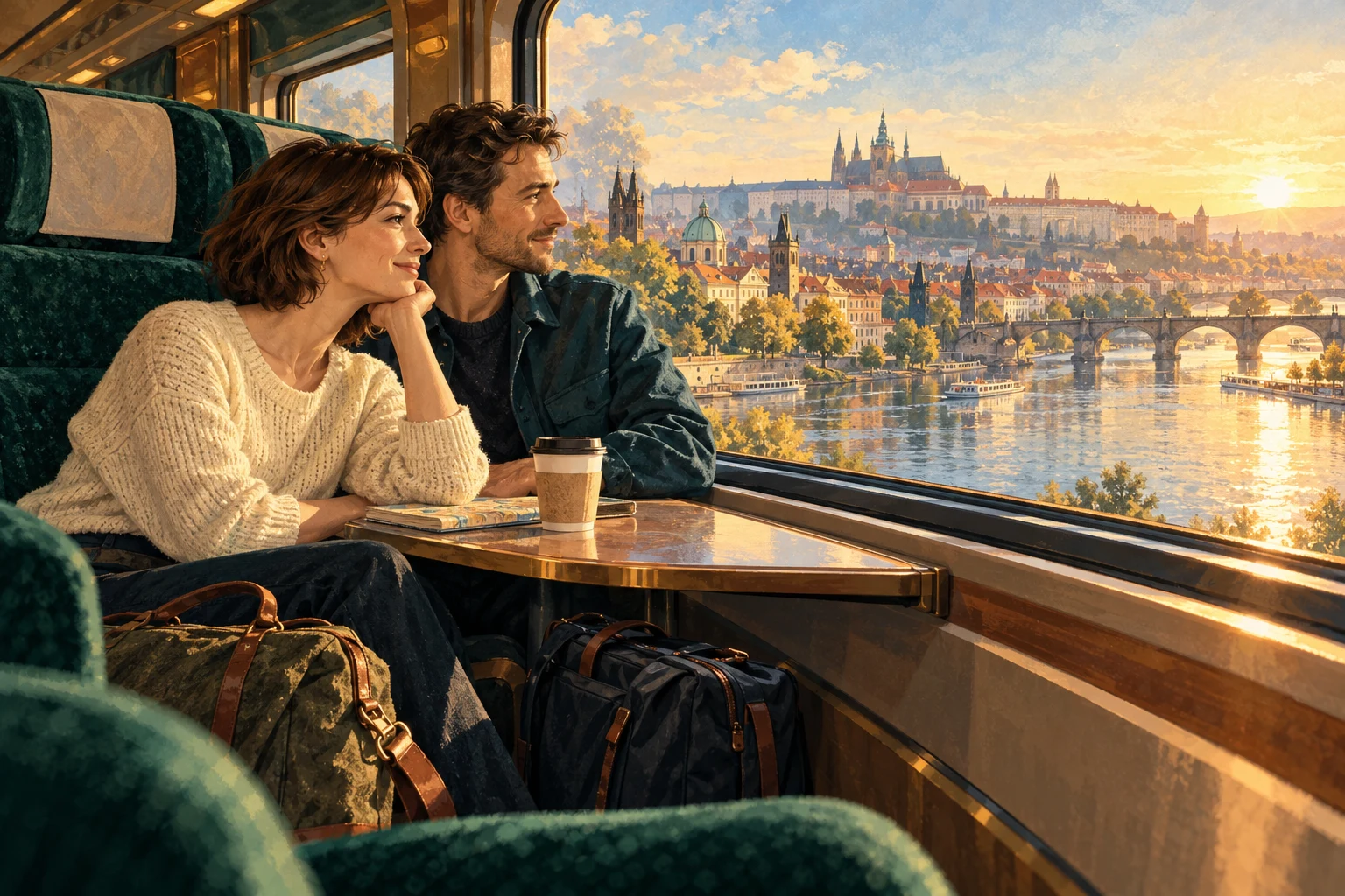 Illustration eines erwachsenen Paars im Zug, mit Reisetaschen und Tee, vor dem Fenster ein Fluss und eine Stadt im Morgenlicht