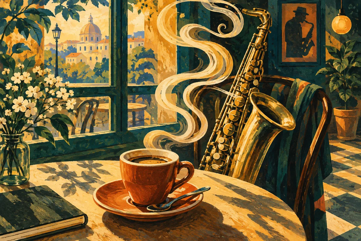 Illustration einer dampfenden Kaffeetasse neben einem goldenen Saxofon im sonnigen Café