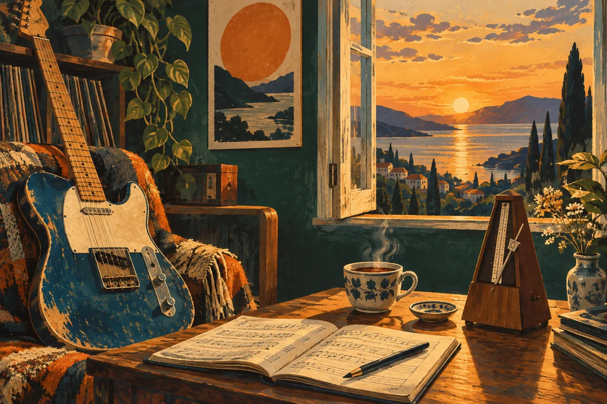 Illustration einer ruhenden Gitarre, einer Teetasse und eines Metronoms am Fenster im Abendlicht