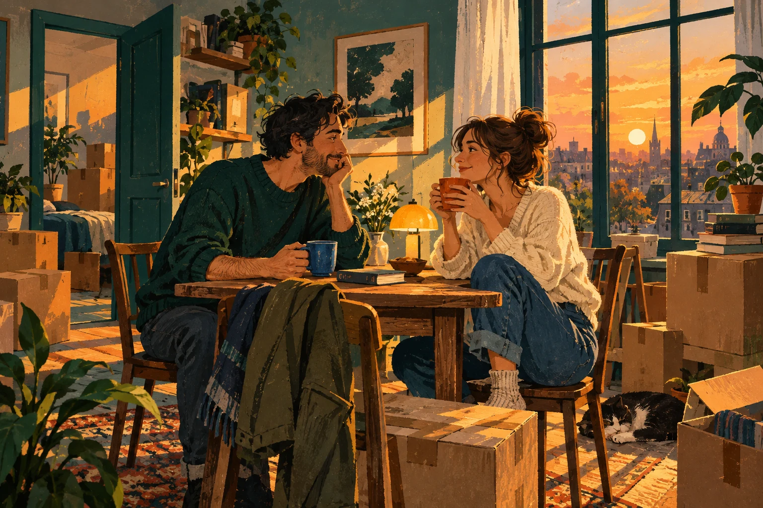 Illustration von zwei Erwachsenen bei einer Teepause in einer neuen Wohnung mit Umzugskartons, Büchern und zwei Tassen